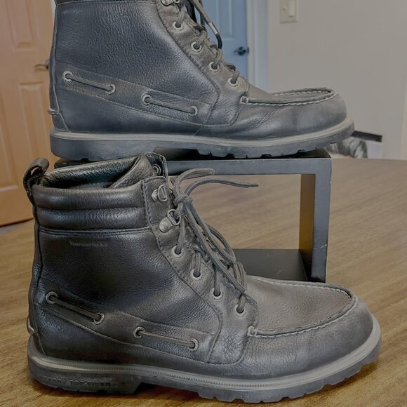 Men's Sperry Top-Sider Moc-Toe Lug Black Leather Waterproof Boots Size 10.5 - Picture 2 of 8